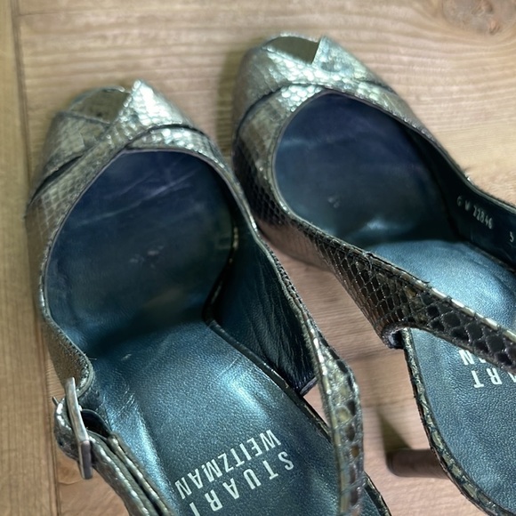 Stuart Weitzman Pewter colored peep toe heels. Size 5 - Picture 4 of 8